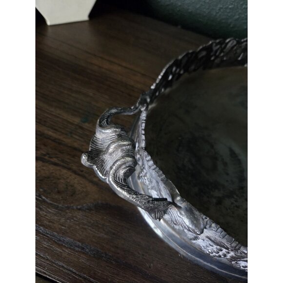 Vintage Oval Tray 18" Grapevine Handles Silver Metal Centerpiece Made in India - Picture 4 of 9